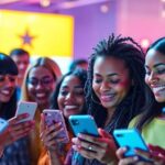 Diverse people engaging with smartphones in a lively setting.