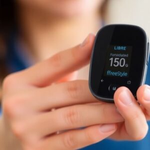 Close-up of FreeStyle Libre device in a caring hand.