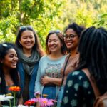 Diverse climate activists engaged in joyful discussion outdoors.