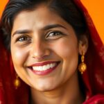 Malala Yousafzai smiling in traditional attire against bright background.
