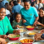 Students and educators enjoying diverse global meals together.