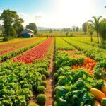 Farmers working in vibrant fields of crops and produce.