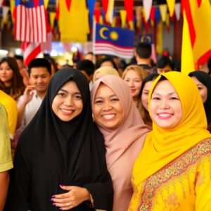 People celebrating Malaysia Day in traditional clothing.