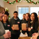 Tracey O’Brien with smiling volunteers in a festive setting.