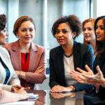 Diverse women discussing politics in a modern office.