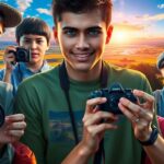Young photographers with cameras amidst beautiful landscapes.
