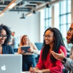 Diverse group of innovators collaborating in a modern workspace.