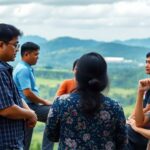 Diverse people discussing in a scenic Philippine landscape.