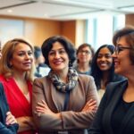 Diverse women discussing foreign policy at a conference.