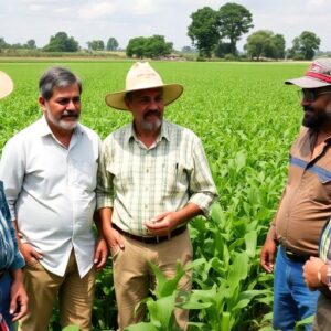 Farmers collaborating in a green field during conference.