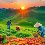 Farmers working in fields during sunset.