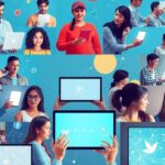 Diverse people using devices, illustrating digital connection and learning.