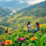 People working together in a green landscape for climate initiatives.
