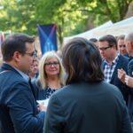 Citizens discussing politics at a Brandenburg election event.