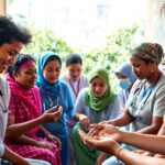 Health workers collaborating in a vibrant community setting.