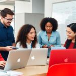 Researchers collaborating in a modern workspace.