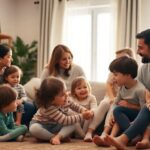 A joyful family gathering in a cozy living room.