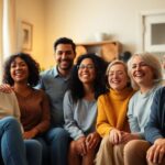 Diverse people in a cozy home, sharing joyful moments.