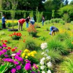 People planting trees in a lush, green landscape.