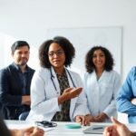 Researchers discussing Parkinson's Disease in a bright conference room.