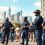 Police officers interacting with community members in a city.