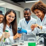Young scientists collaborating in a modern laboratory setting.