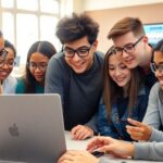 Visually impaired youth using screenwriting software together.