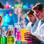 Scientists conducting experiments in a colorful laboratory setting.