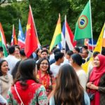 Activists gathered outdoors for a democracy assembly.