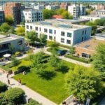 Sustainable cityscape with greenery and modern architecture.