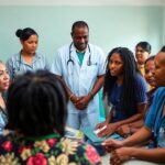 Healthcare workers assisting diverse patients in community health.