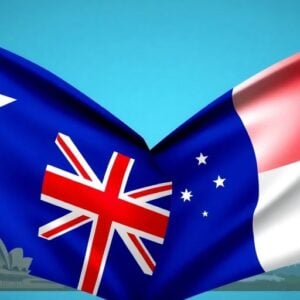 Australian and Indonesian flags with landmarks in the background.