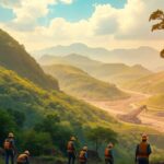 Mining activities in a lush landscape of the Global South.