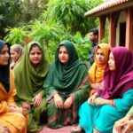 Diverse women discussing governance in traditional Pakistani attire.