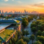 Cityscape with green rooftops and solar panels at sunset.