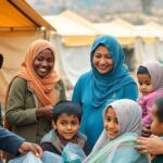 Humanitarians assisting refugees in a warm, inviting setting.
