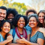 Group of diverse people embracing in a sunny park.