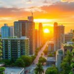 Cityscape with green technology and sustainable architecture at sunset.