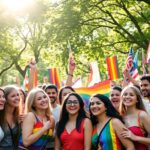 LGBTQI+ celebration in a park with diverse individuals.