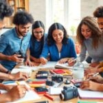Diverse individuals collaborating on creative storytelling projects.