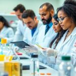 Researchers collaborating in a lab on HIV studies.