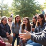 Diverse group of people discussing in a sunny outdoor setting.