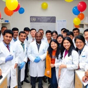 Celebration at UN Narcotics Laboratory with diverse scientists.