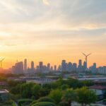 Cityscape with green buildings and sunset, promoting sustainability.