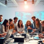 Diverse team collaborating on an AI project in a bright setting.