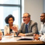 Group discussion at a formal meeting with diverse individuals.