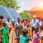 Community gathering around solar panels in Africa.