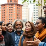 Diverse group of human rights defenders engaging in discussion.