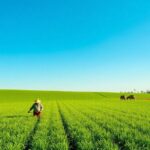 Mexican farmers working in vibrant green fields.