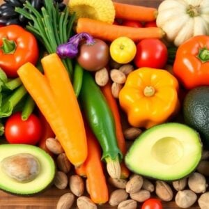 Colorful vegetables and healthy fats on a wooden table.